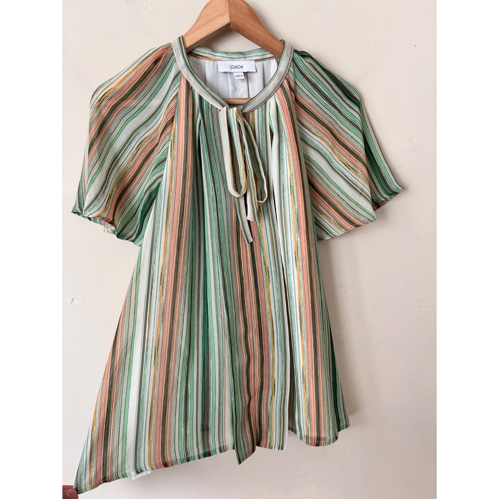 CeCe Women Green Peach Striped Tie Neck Flutter Sleeve Blouse Top Large